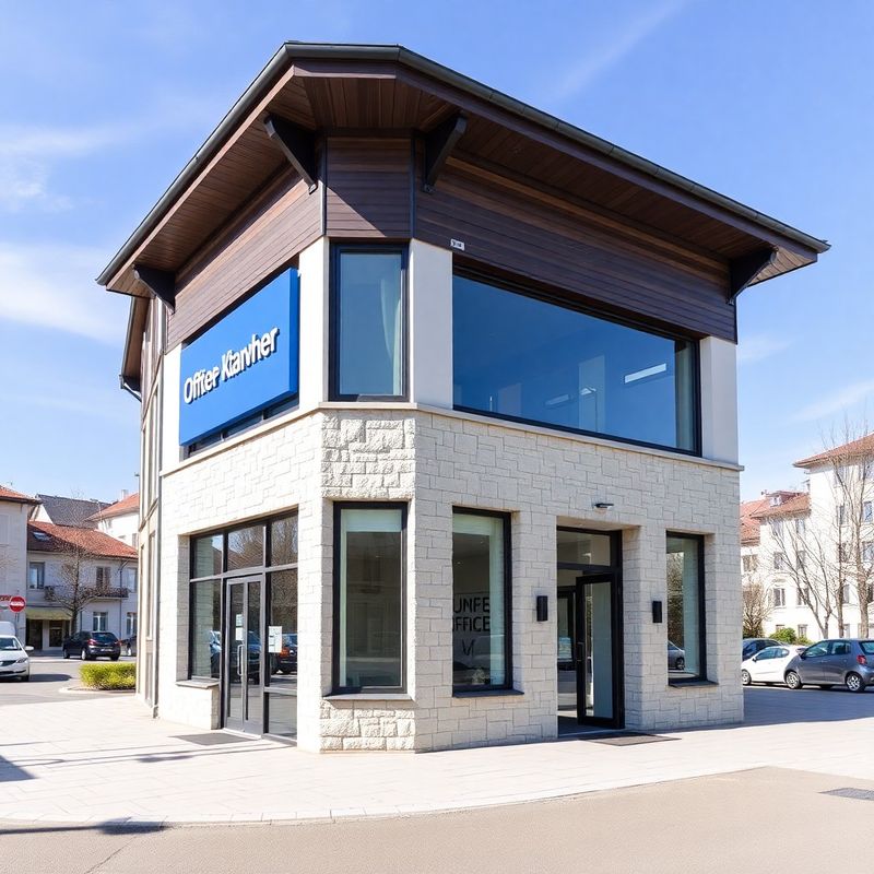 Exterior of a clean contemporary office building in central Maribor with an azure signage accent