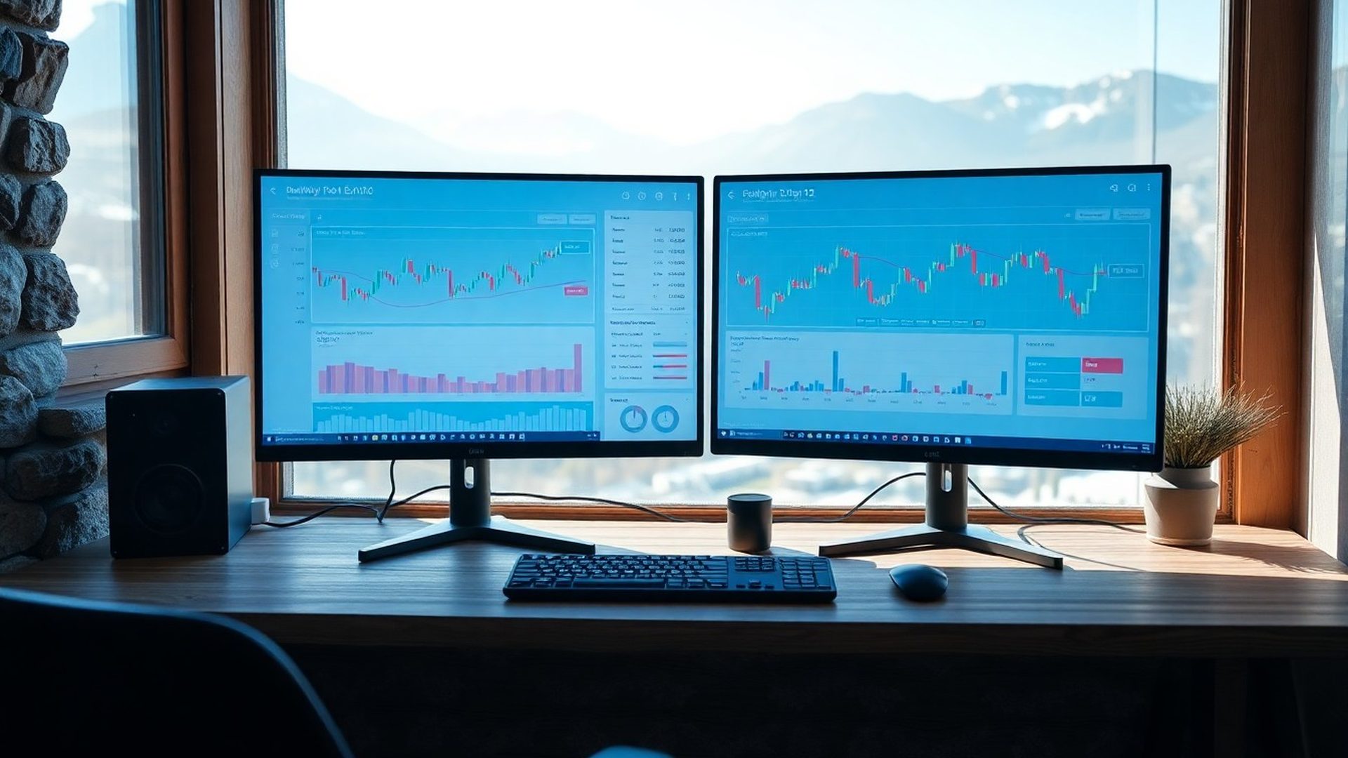 Azure-toned trading performance dashboard showing equity curves and drawdown charts on a dual-monitor setup