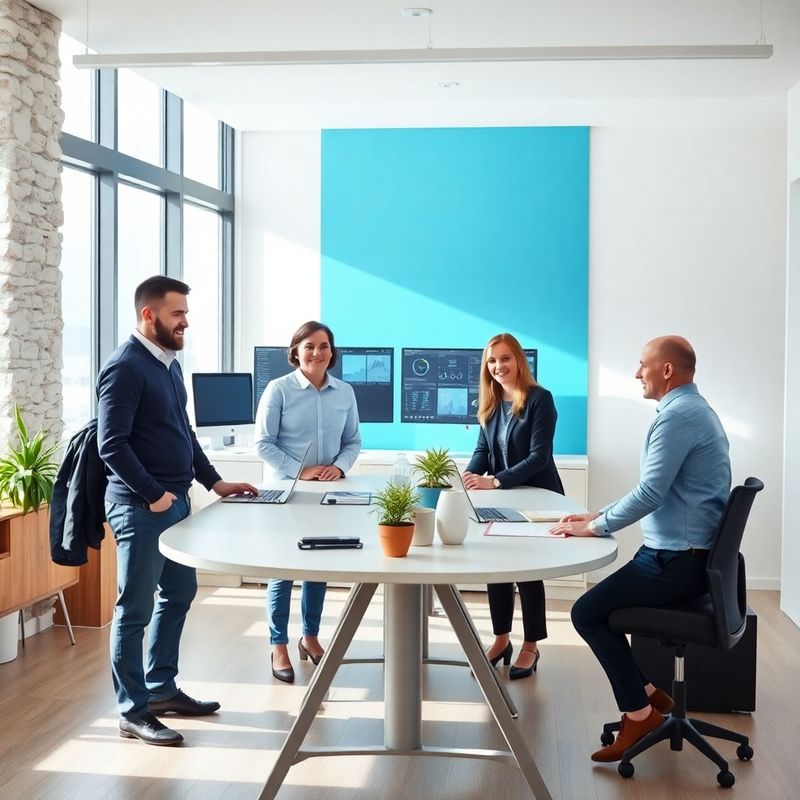Small team of four professionals gathered around a standing desk in a bright Maribor office with an azure accent wall
